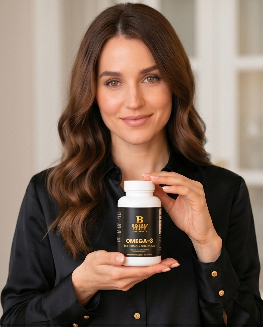 Woman holding a bottle of Minnie Elite Omega-3 supplement.  Bishop Elite Supplements 