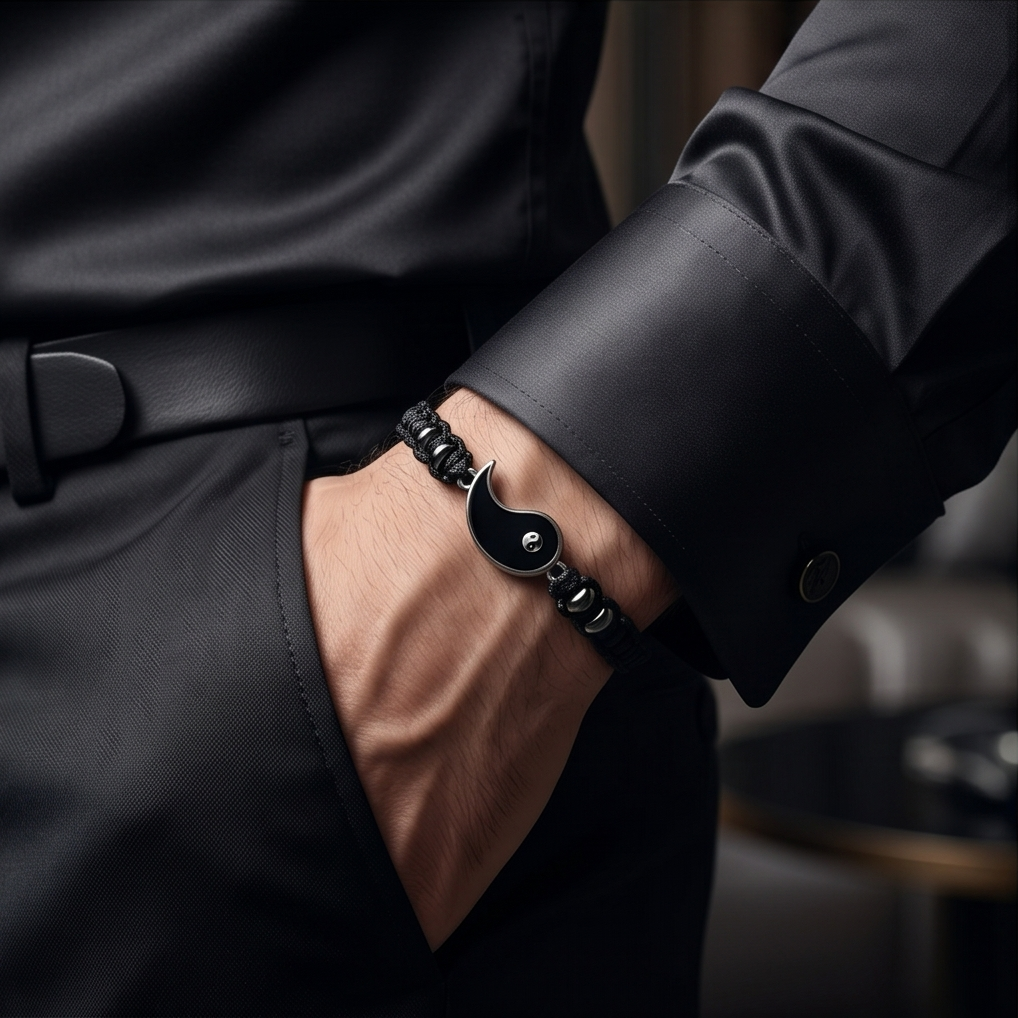 Person wearing a black bracelet on a blurred indoor background.  Bishop x 