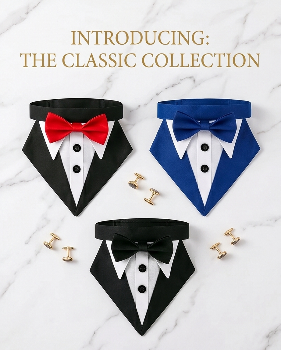Three dog bandanas designed like tuxedos with bow ties on a marble background, introducing The Classic Collection.  Bishop X 
