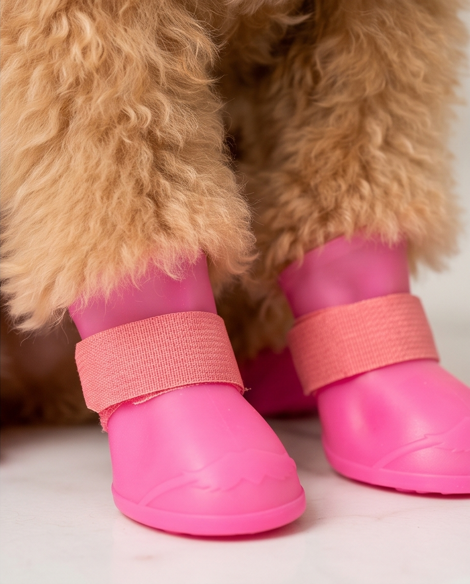 Dog wearing bright pink boots with straps on a light background . Bishop x 