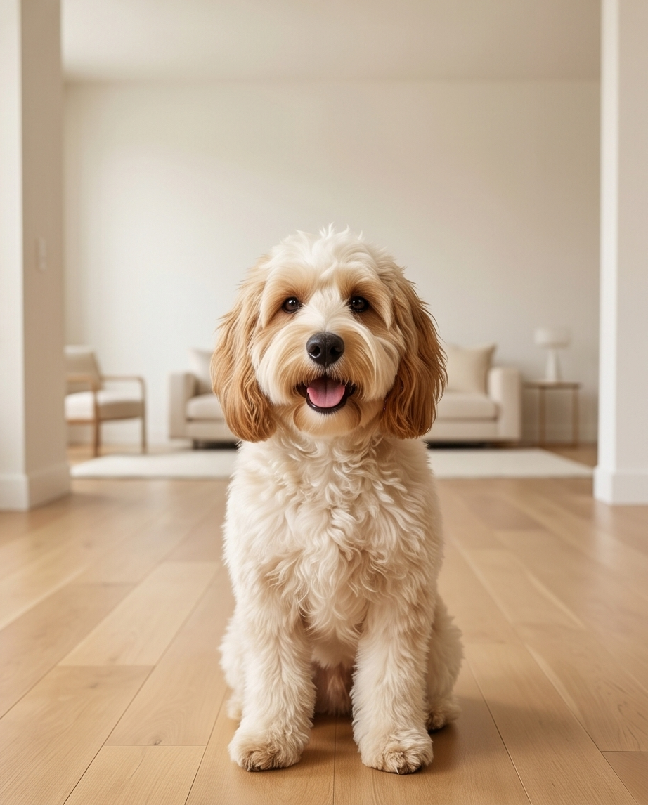 White dog with brown ears sitting on a wooden floor in a bright room.  Bishop X 