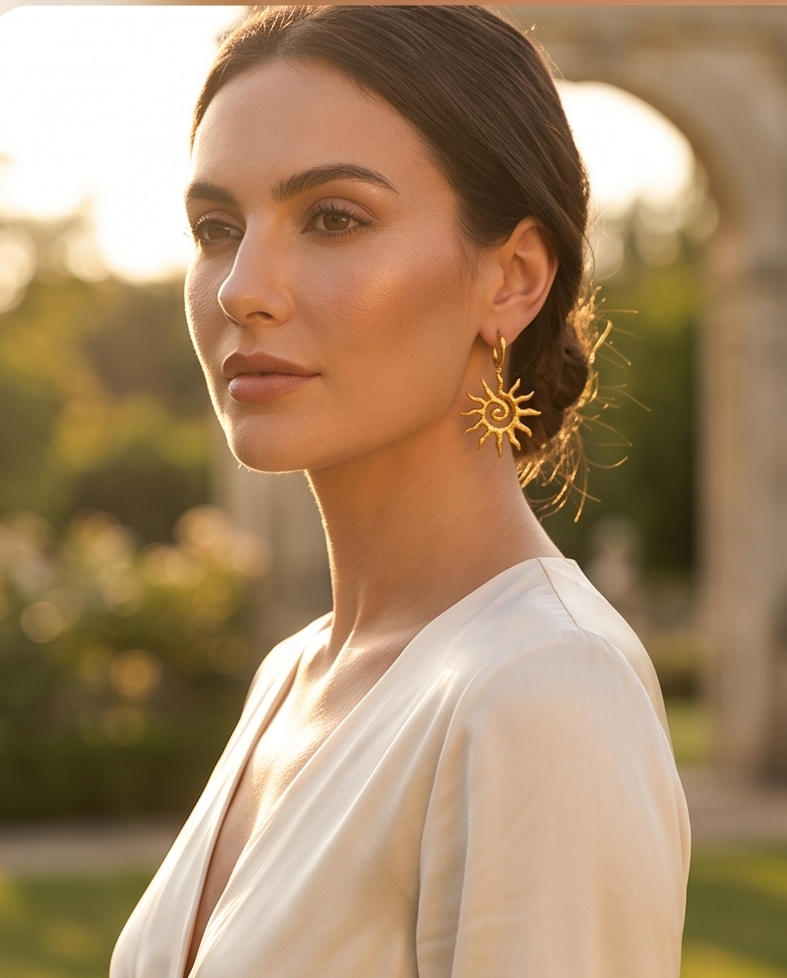 Woman wearing a white top and sun-shaped earrings outdoors. Bishop X 