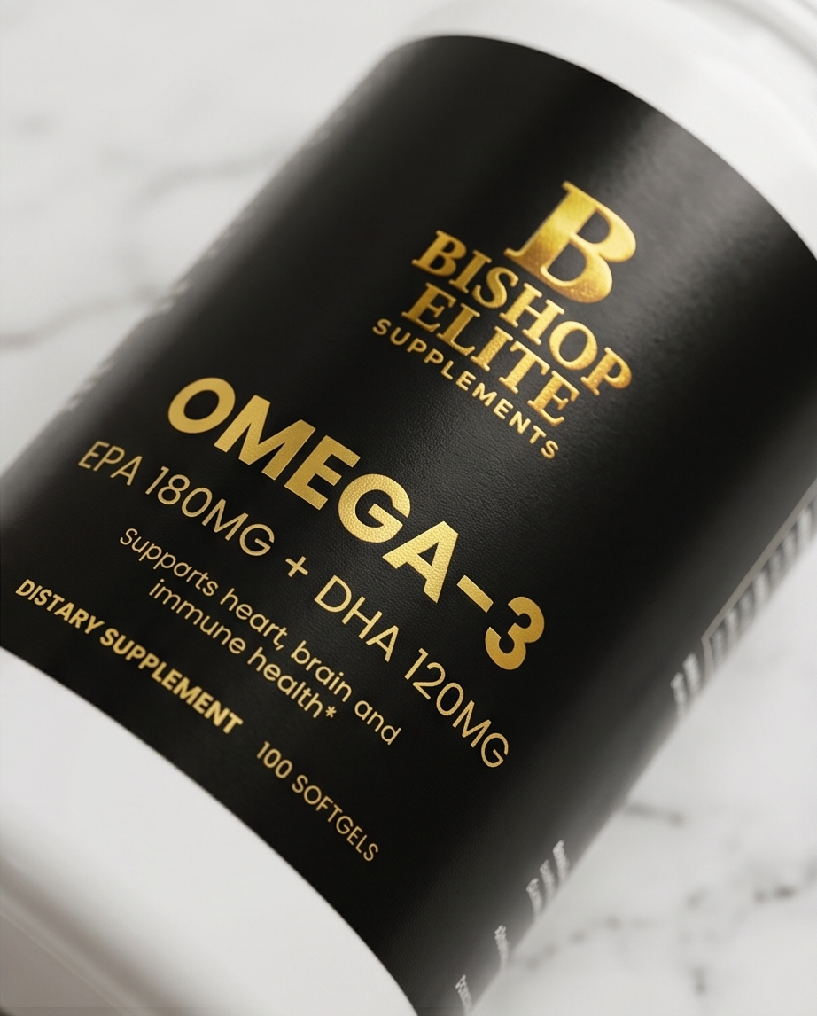 Supplement bottle labeled 'Bishop Elite Supplements' with Omega-3 on a marble surface. Bishop Elite Supplements 