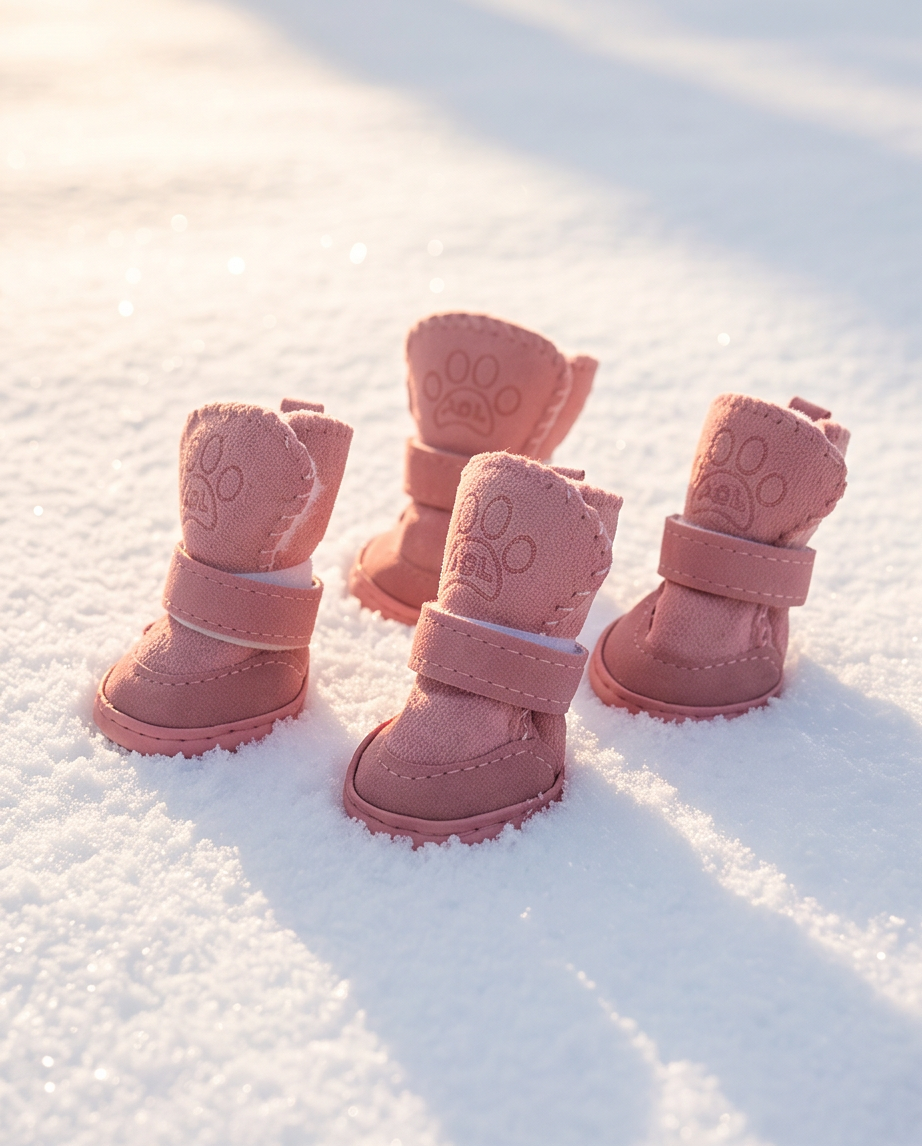 Set of pink dog boots on a snowy surface.  Bishop X 