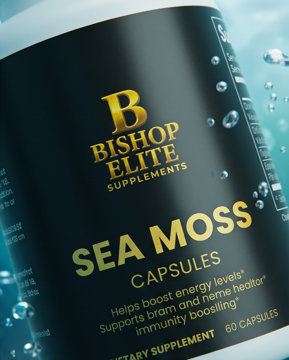 Close-up of a white bottle of Bishop Elite Supplements Sea Moss Capsules with a black label and gold lettering, set against a blue background with floating seaweed and bubbles. Bishop Elite Supplements 