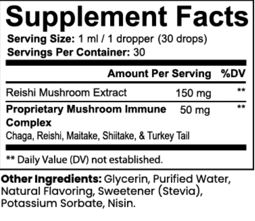 Supplement facts label for a mushroom extract product with serving size, servings per container, and ingredient list.