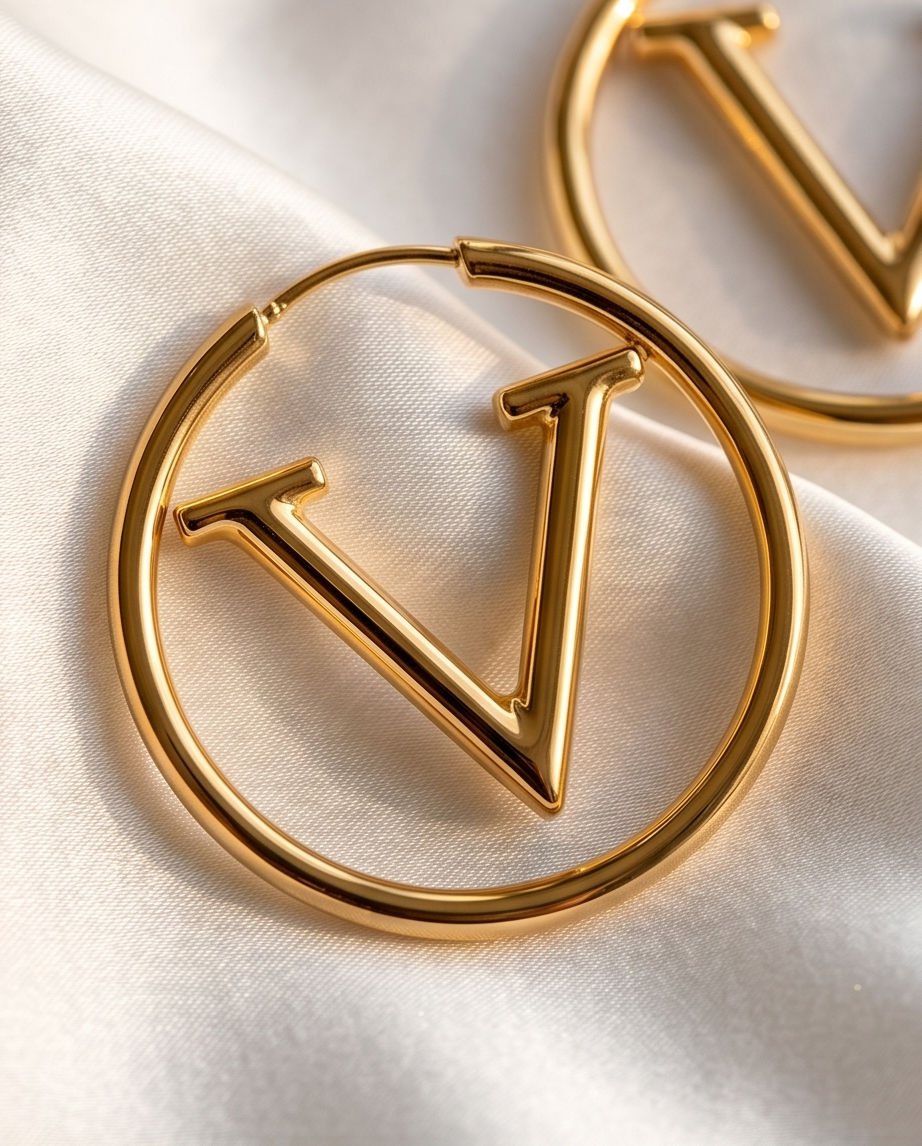 Gold hoop earrings with 'V' design on a white fabric background. Bishop x 