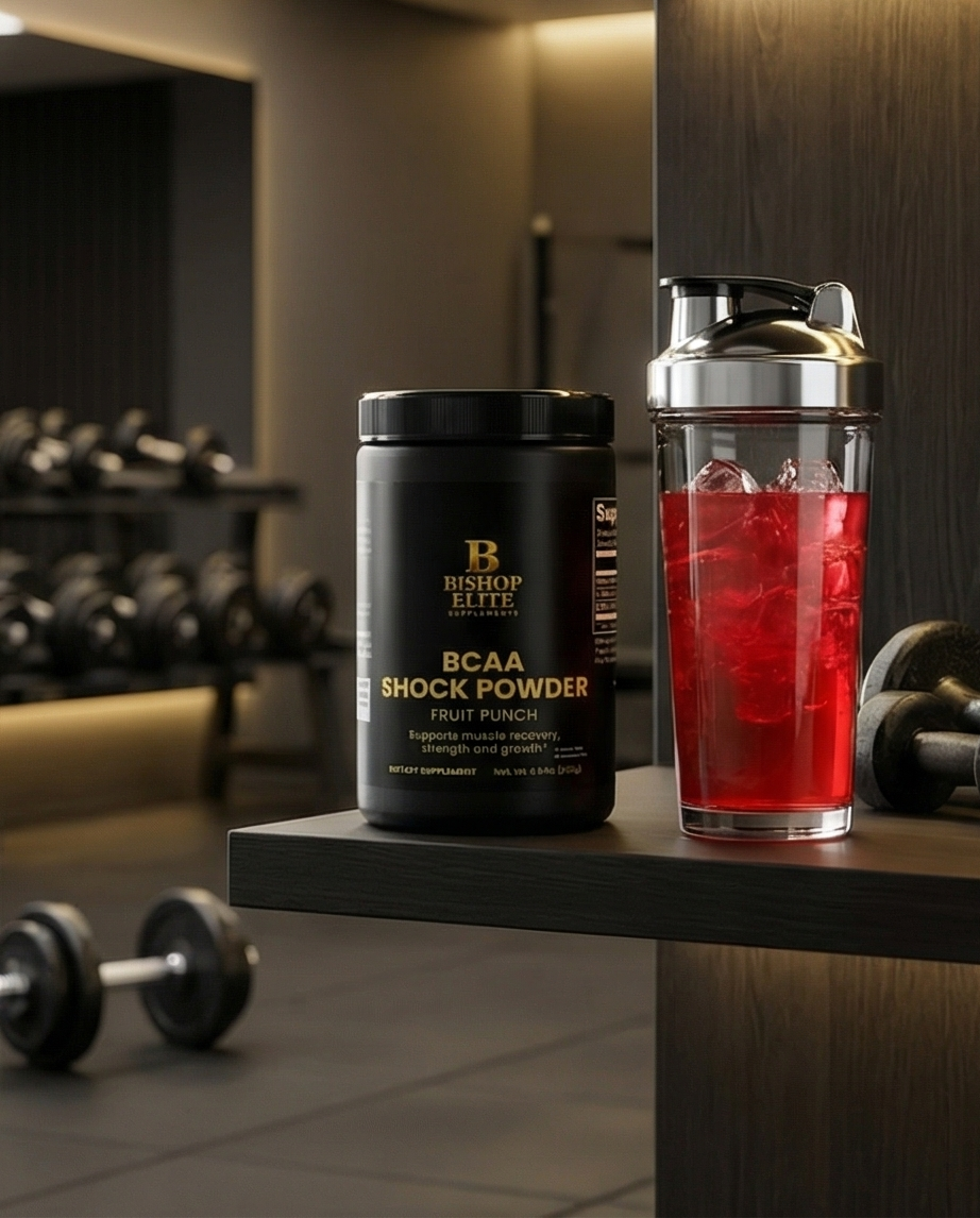 Bishop Life BCAA Shock Powder container with a red shake in a shaker bottle on a gym bench. Bishop Elite Supplements 