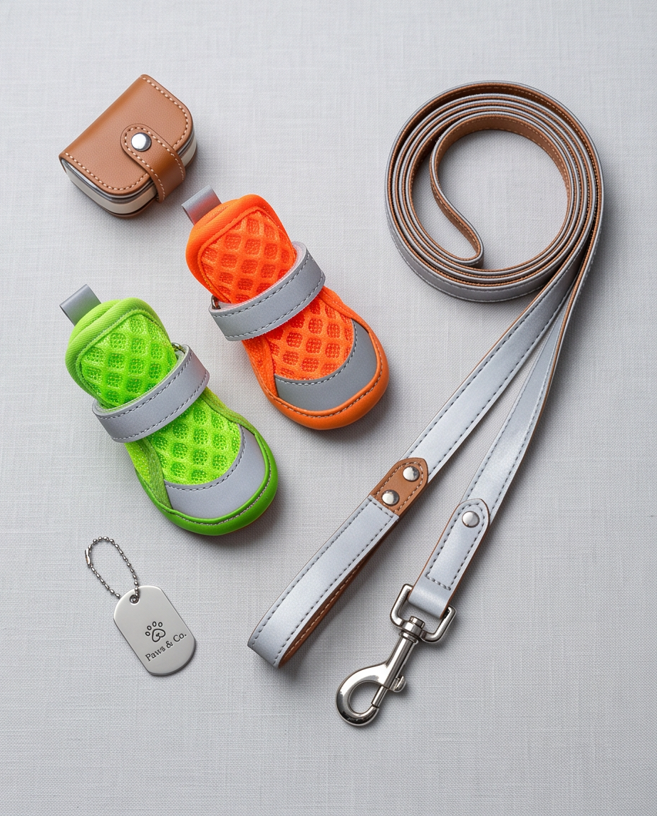 Pet accessories including shoes, a leash, and a tag on a light gray background.  Bishop X 