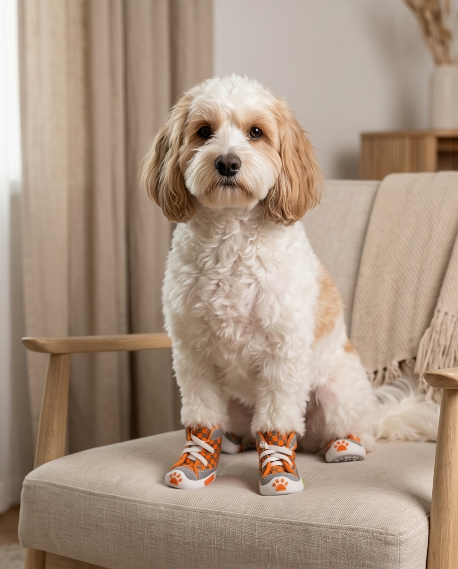 Dog wearing orange and gray shoes with paw prints, sitting on a beige chair. Bishop x 