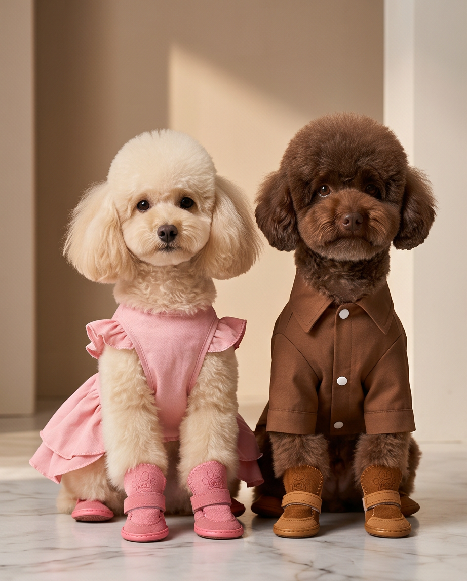 Two poodles, one in a pink dress and pink shoes, the other in a brown coat and brown shoes, standing on a marble floor. Bishop X 
