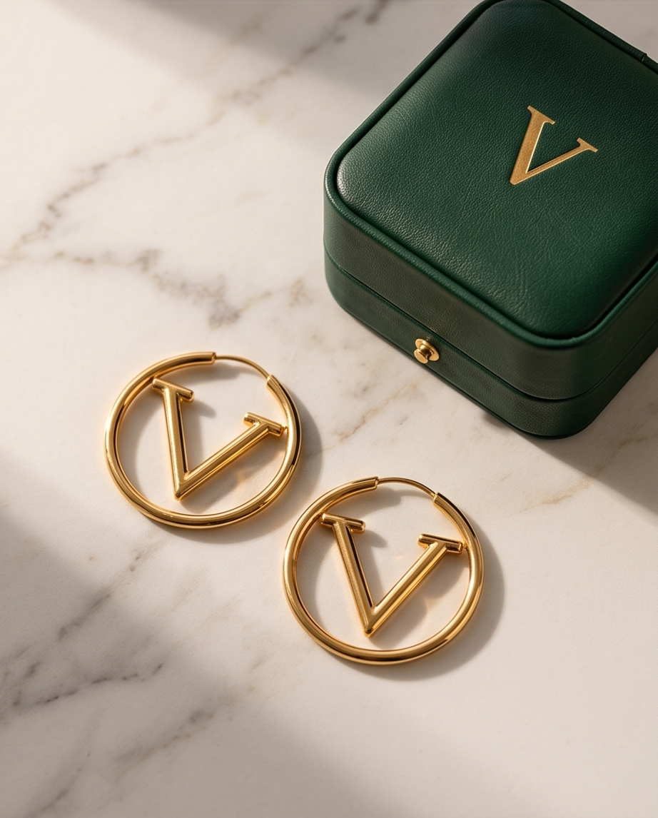 Gold earrings with 'V' design on a marble surface next to a green jewelry box.  Bishop X 
