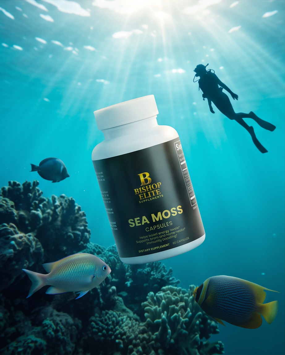 A bottle of Bishop Elite Sea Moss Capsules floating underwater with a scuba diver, fish, and coral reef in the background. Bishop Elite Supplements 