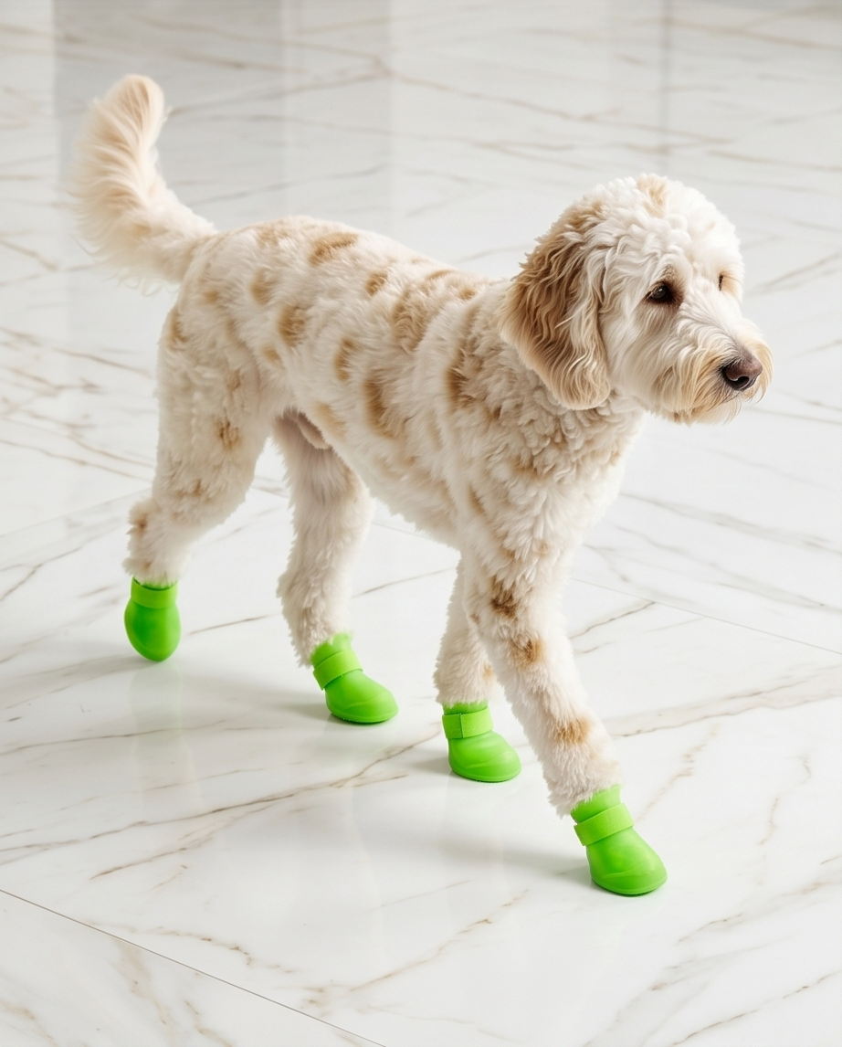Dog wearing green booties on a light wooden floor.  Bishop X 