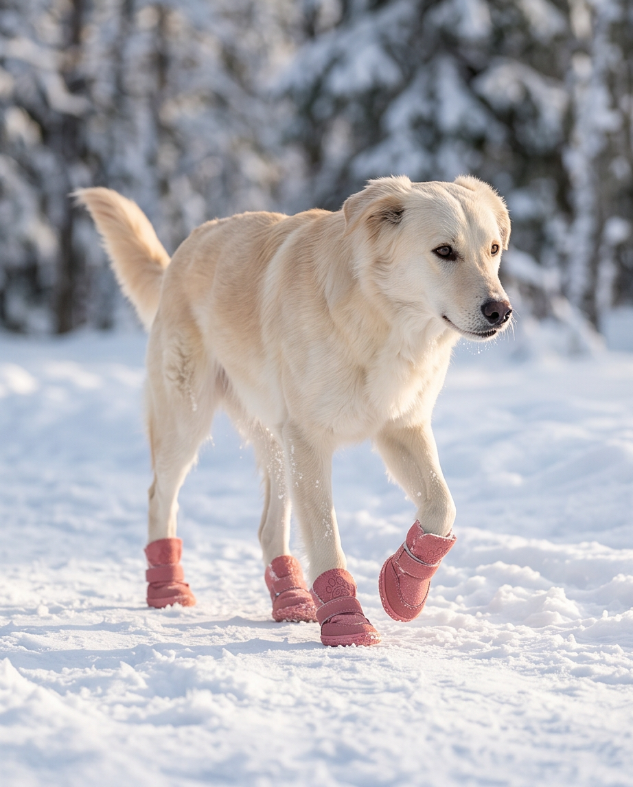 Dog wearing pink boots standing in the snow with a snowy forest background. Bishop X 