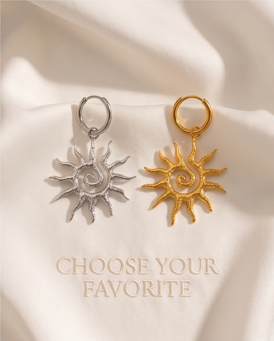 Sun-shaped earrings in silver and gold on a beige fabric background with text 'Choose Your Favorite. Bishop X 