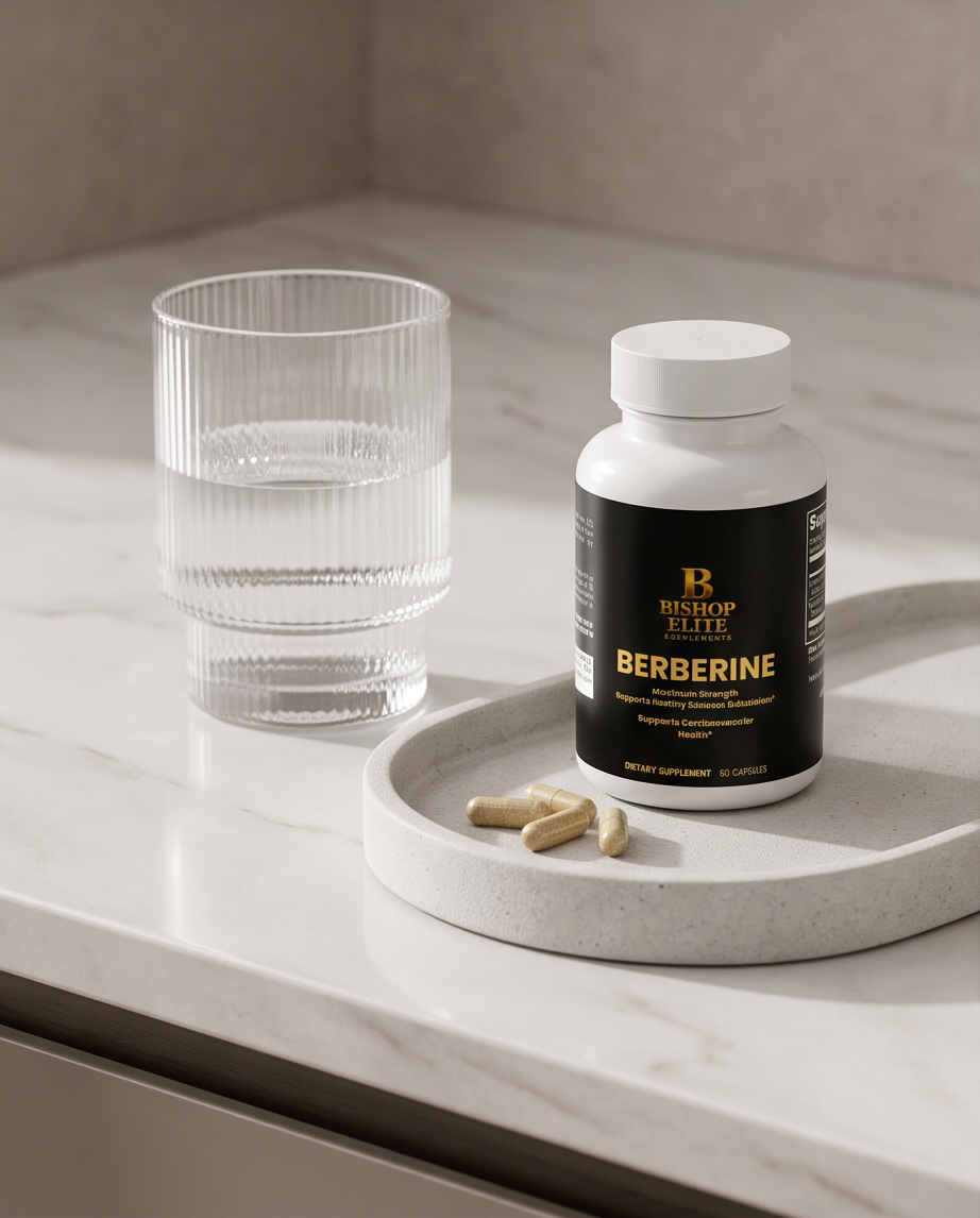 A bottle of Resup Elite Berberine dietary supplement capsules sits on a round stone tray next to a glass of water on a light marble countertop. Bishop Elite Supplements 