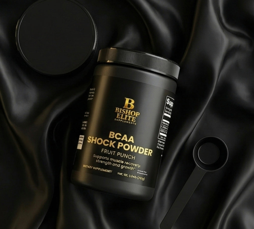 Black container of Bishop Elite BCAA Shock Powder on black fabric.  Bishop Elite Supplements 