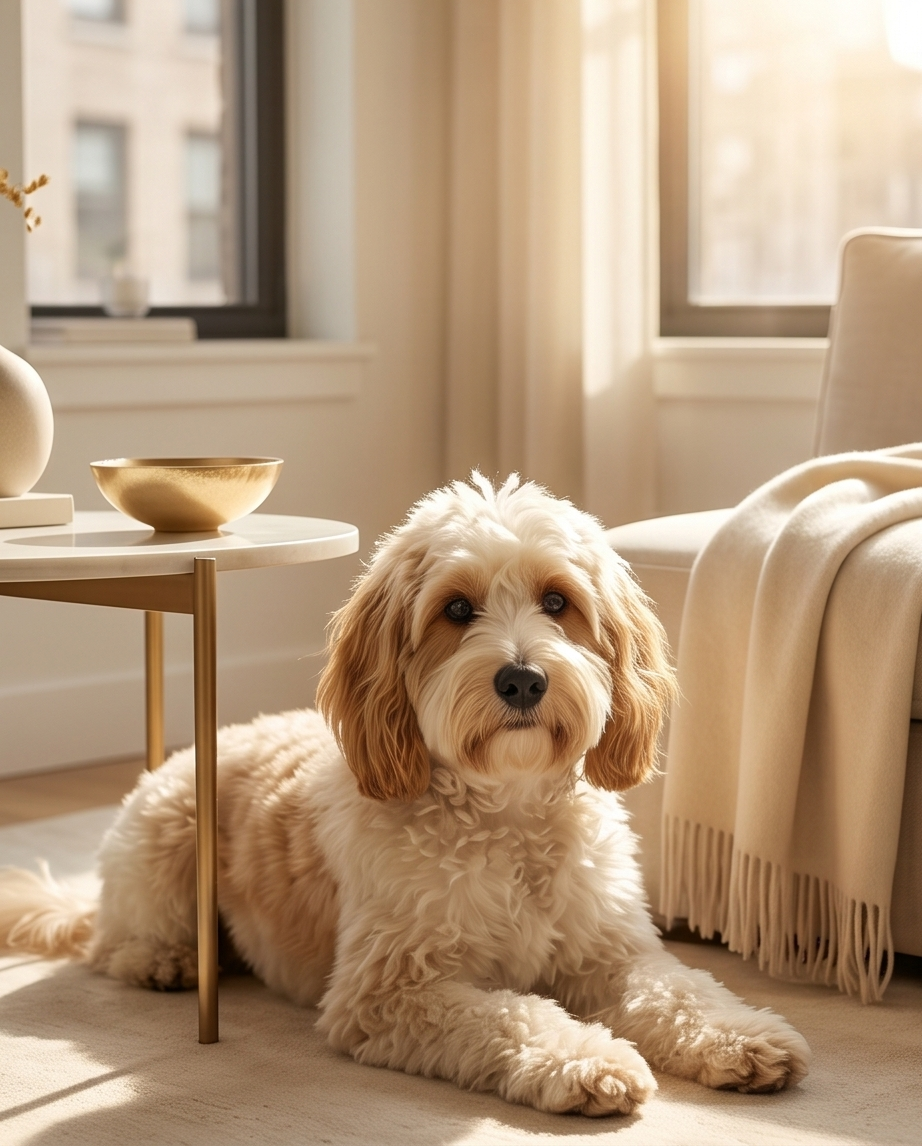 Fluffy dog sitting on a wooden floor in a bright living room.  Bishop X 