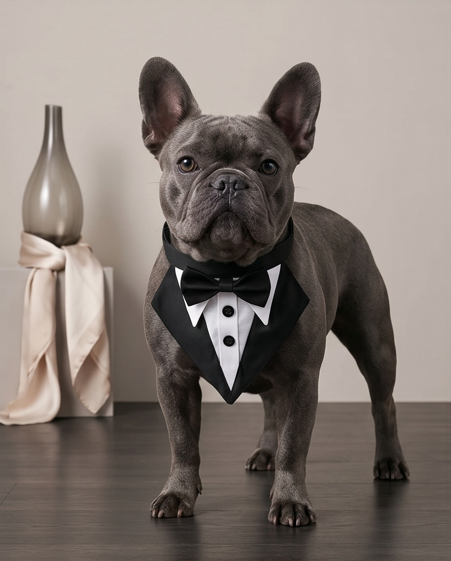 Dog wearing a tuxedo with a bow tie in an indoor setting.  Bishop X 