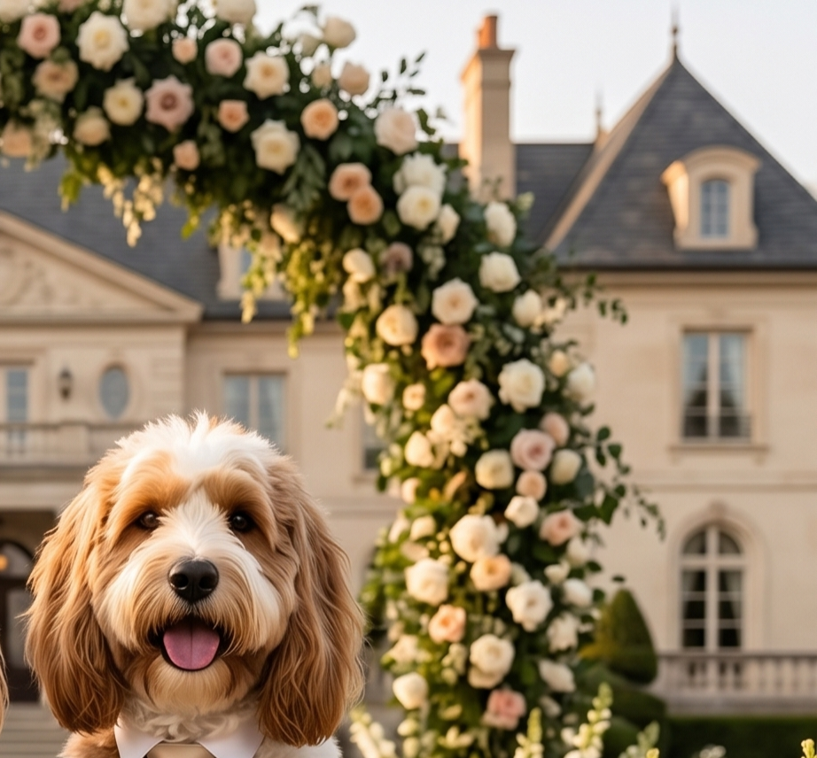 Dog in a formal outfit standing in front of a floral archway with a building in the background.  Bishop x 