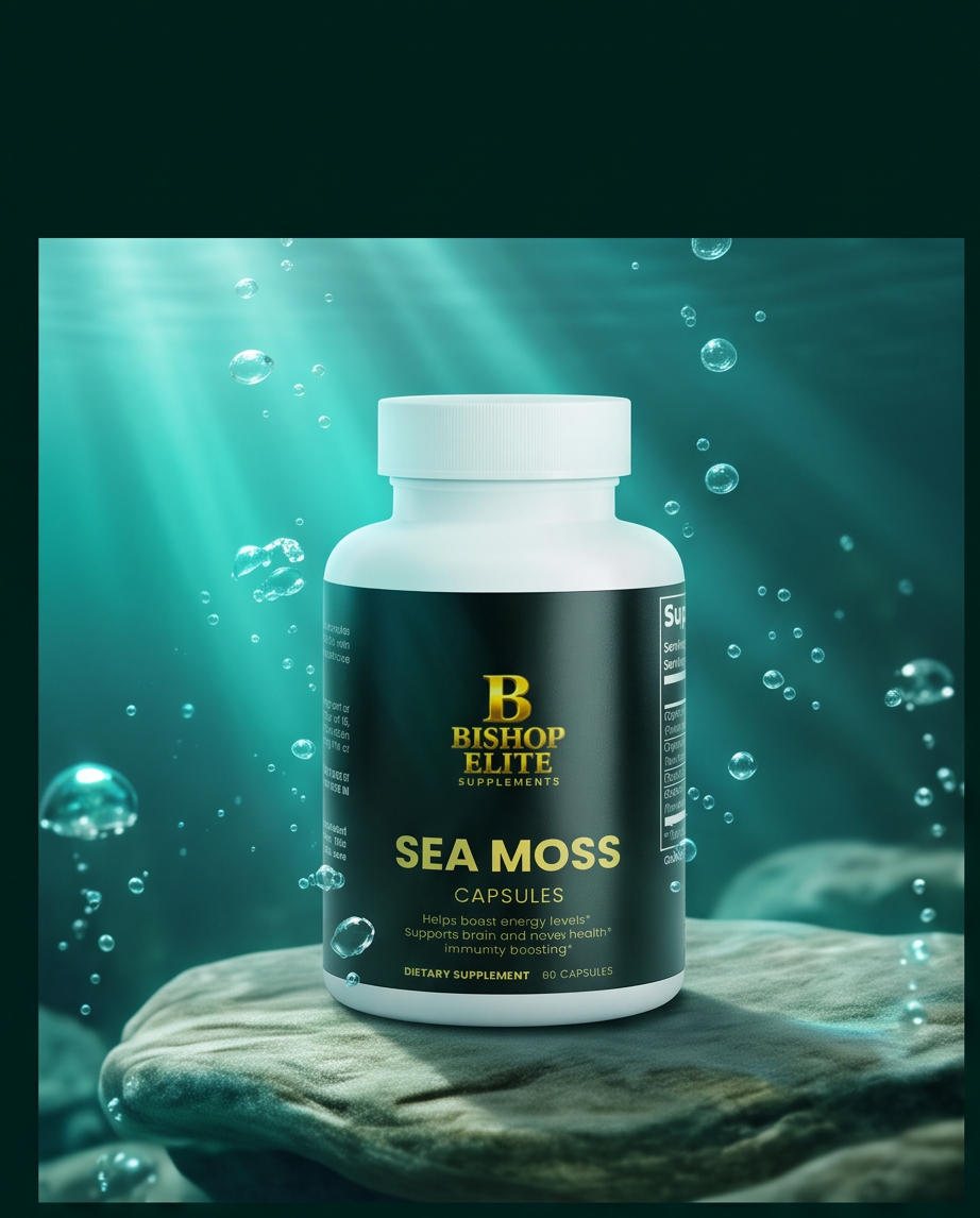 A white bottle of Bishop Elite Supplements Sea Moss Capsules, set on a rock with bubbles and underwater light rays in a teal ocean scene. Bishop Elite Supplements 