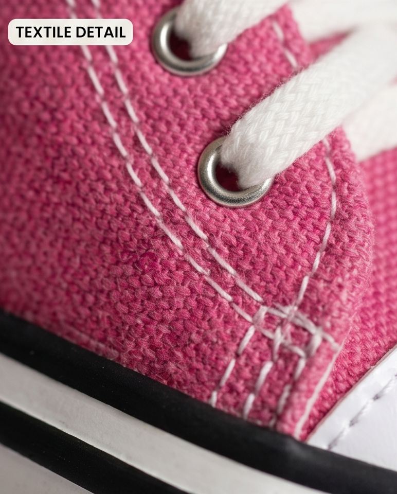 Close-up of pink textile with white stitching on a shoe.  Bishop X 