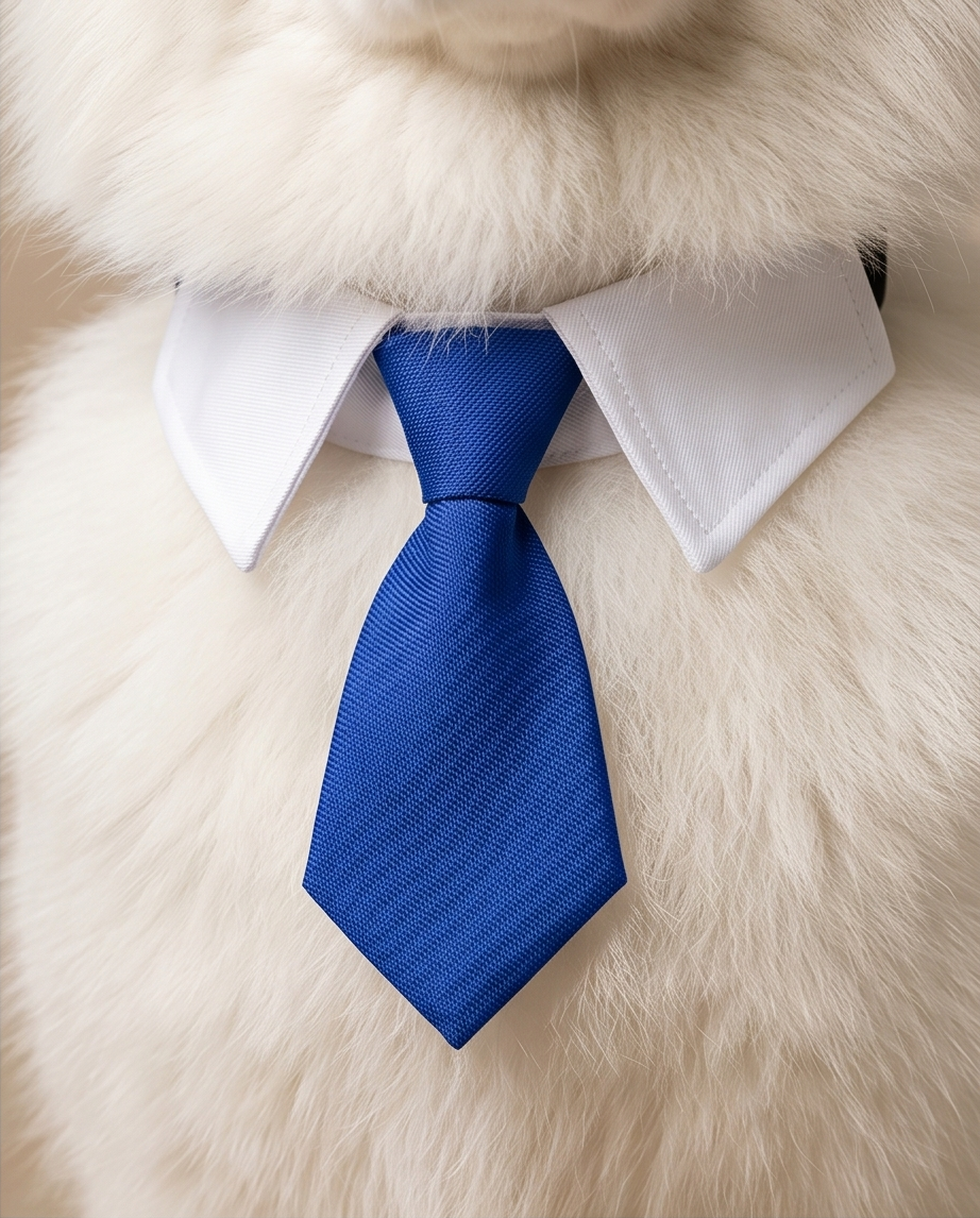 Dog wearing a blue tie and white shirt on a fluffy white background.  Bishop x 