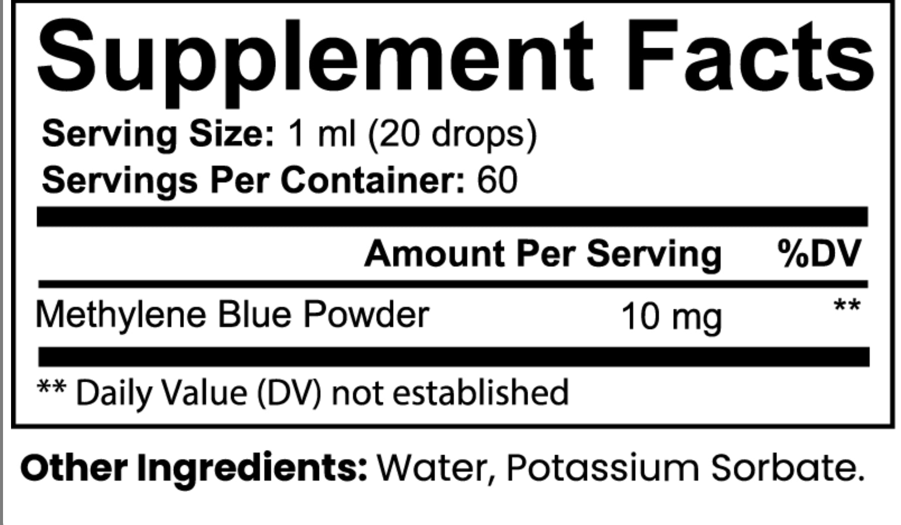 Supplement facts label for Methylene Blue Powder with serving size and container details.