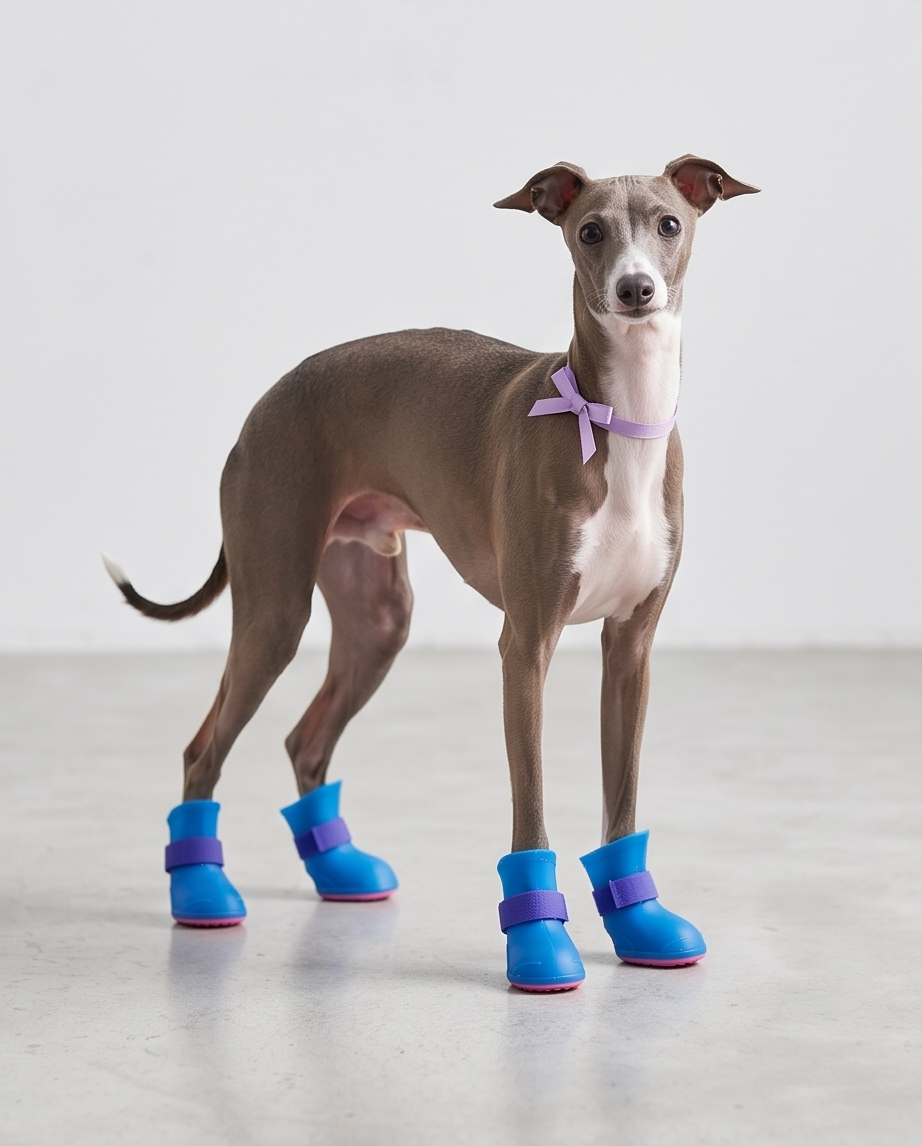 Dog wearing blue boots with purple accents on a light gray background.  Bishop x 