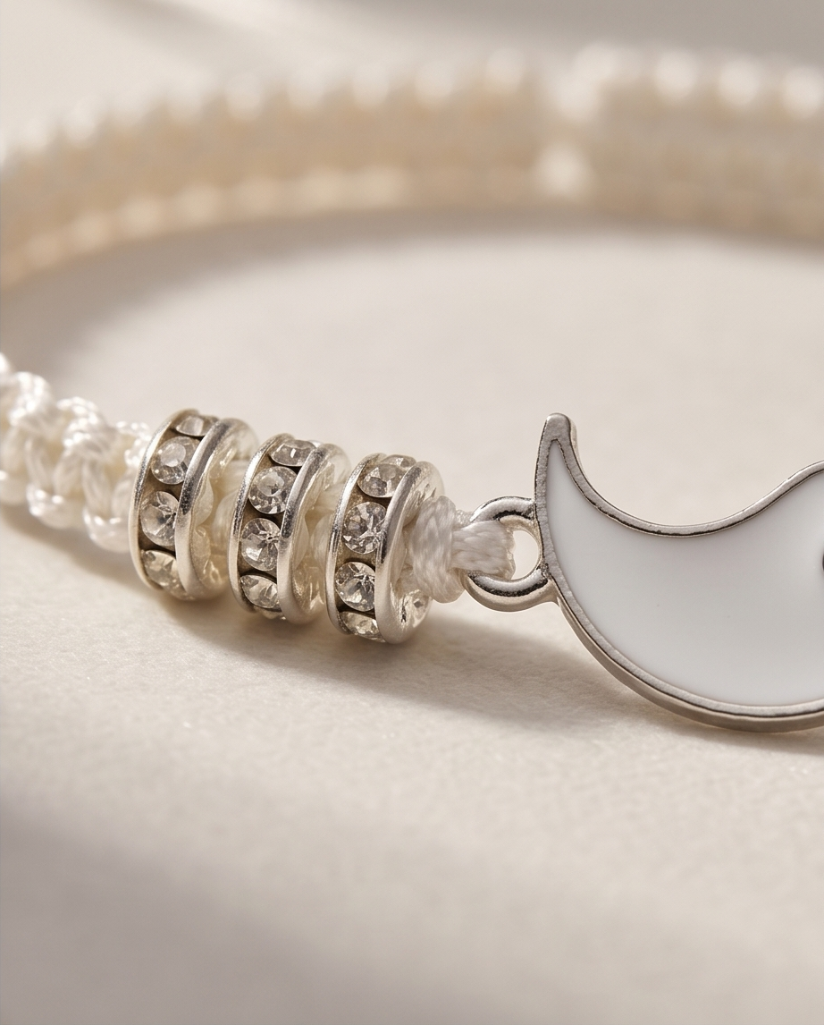 Close-up of a bracelet with crystal beads and a crescent moon charm on a light background. Bishop x 