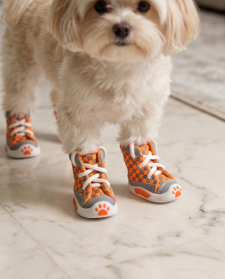 Small dog wearing orange checkered shoes with paw prints on a marble floor. Bishop X 
