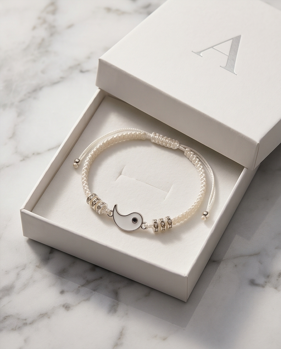 Bracelet with a decorative charm in an open box on a marble surface.. bishop x