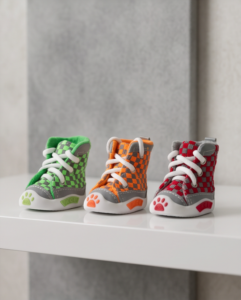 Three colorful children's shoes with paw prints on a white surface. Bishop X 