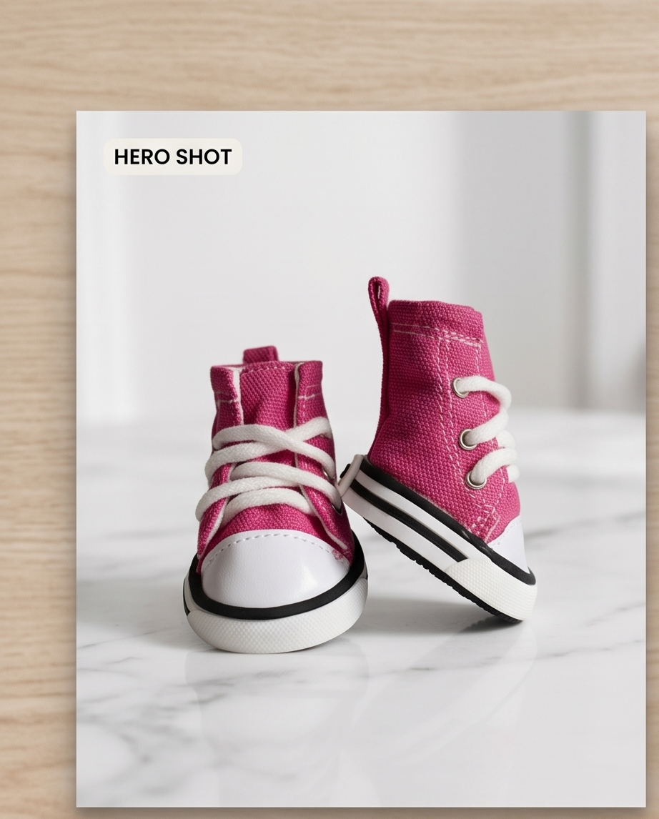 Pink high-top sneakers on a marble surface with a Hero Shot.  Bishop X 