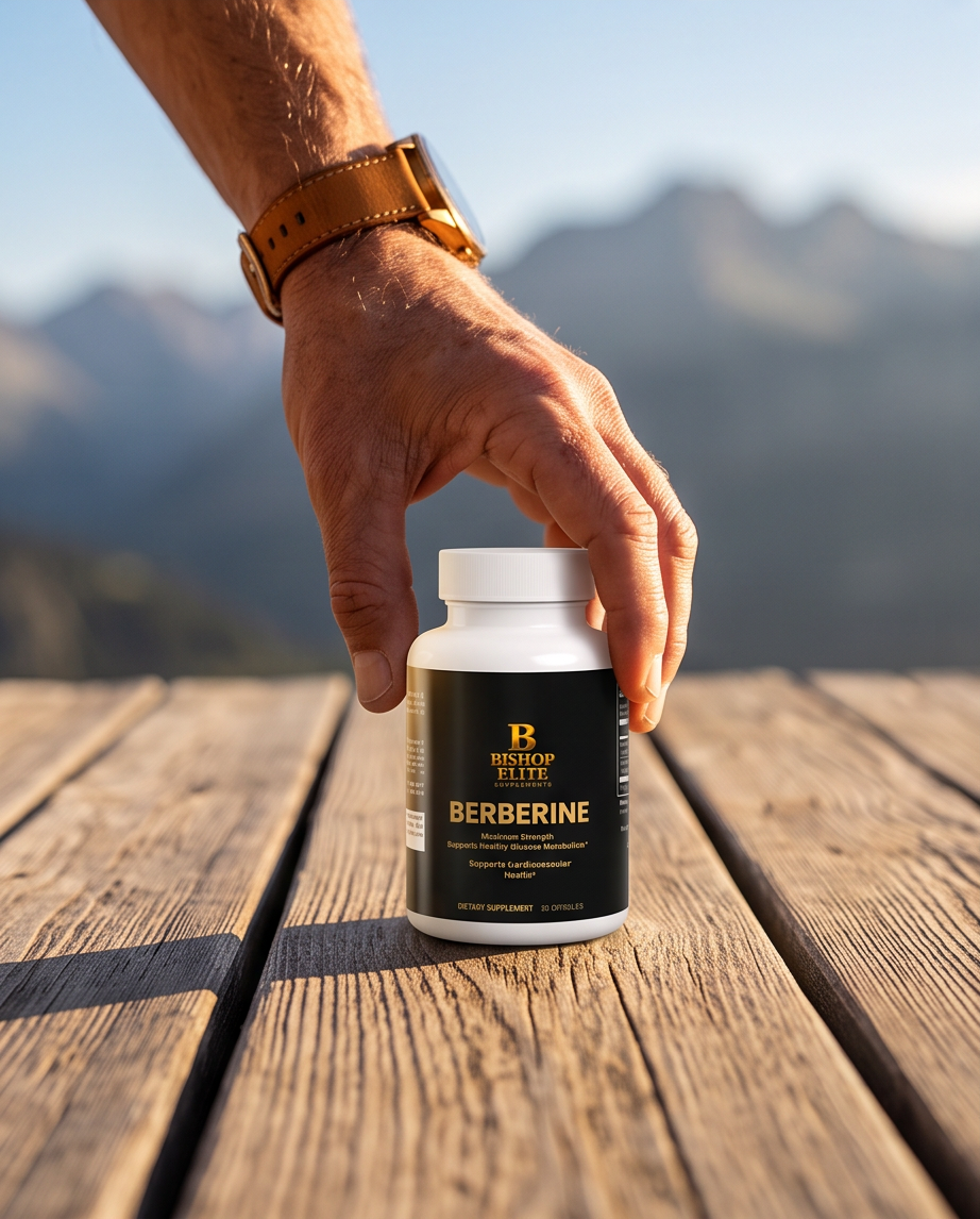 A hand wearing a brown leather strap watch rests on a white bottle of Bestop Elite Berberine supplements, placed on a wooden deck with a blurred mountain background. Bishop Elite Supplements 