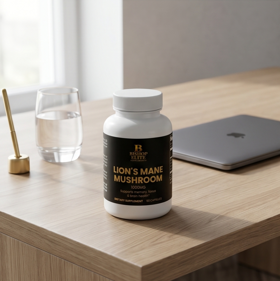 Bottle of Lion's Mane Mushroom supplement on a wooden desk with a glass of water and laptop in the background. Bishop Elite Supplements 