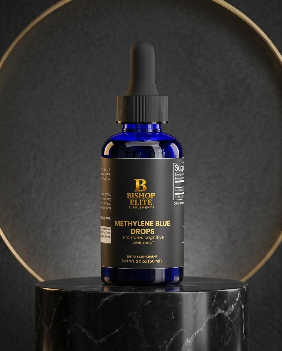 Blue bottle with dropper labeled 'Bishop Elite' on a dark background.  Bishop Elite Supplements 