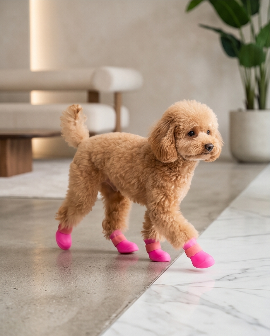 Small dog wearing pink booties standing on a marble floor. Bishop X 