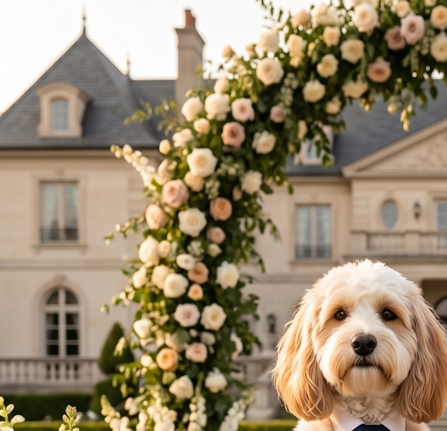 Dog in front of a floral archway with a large building in the background.  Bishop x 