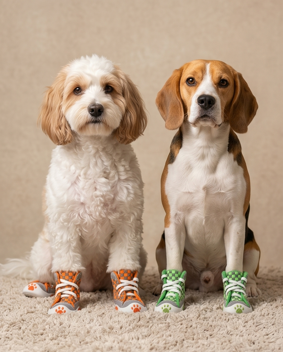 Two dogs wearing colorful shoes on a neutral background. Bishop x 