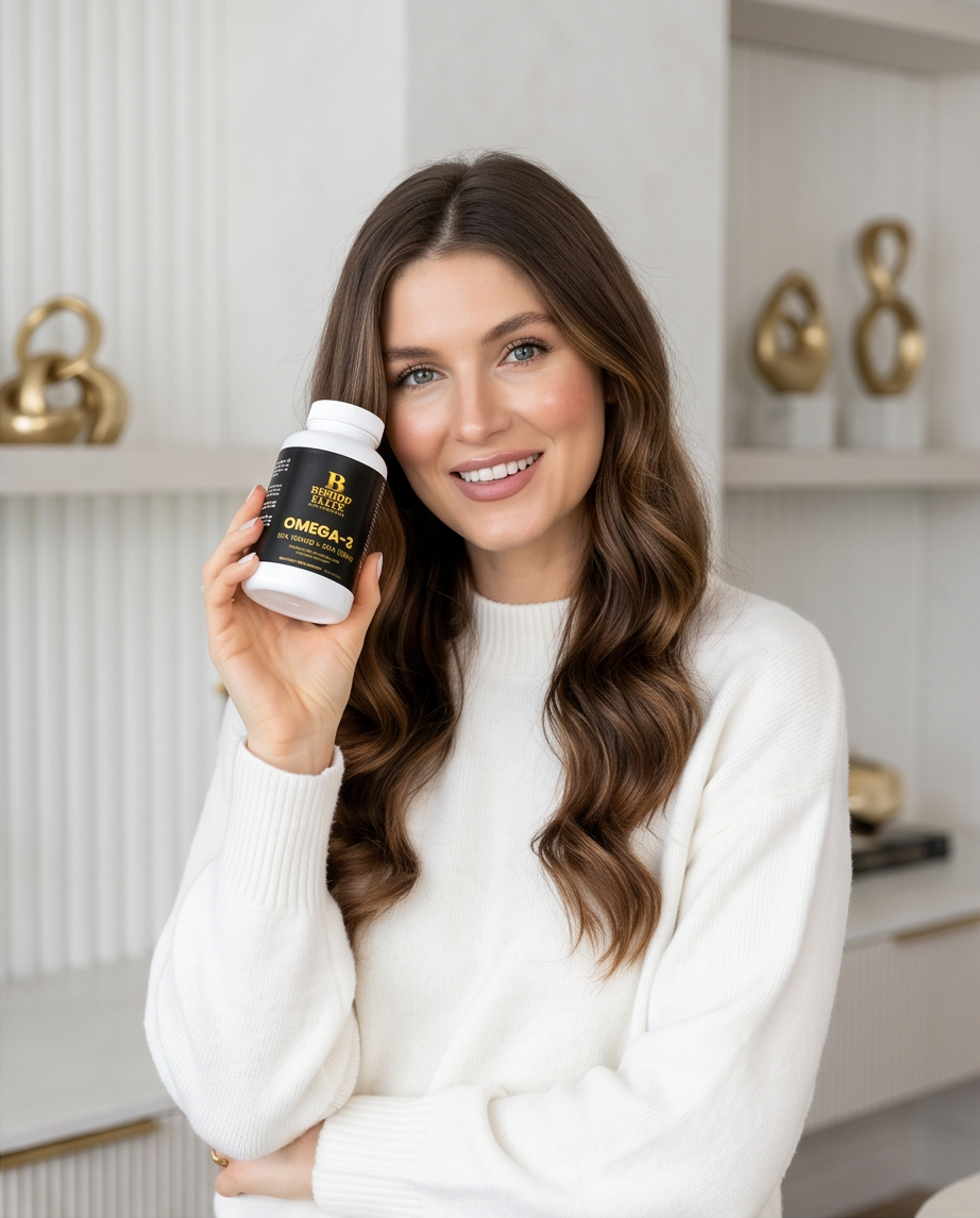 Woman holding a bottle of Omega-3 supplement in a kitchen setting.  Bishop Elite Supplements 