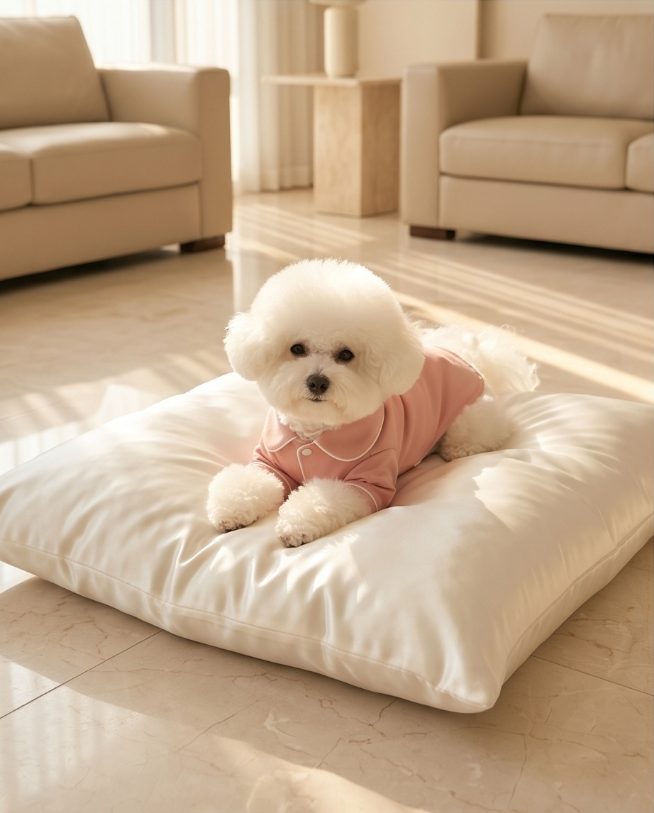 Small white dog in a pink outfit sitting on a large white pillow in a living room. Bishop X 