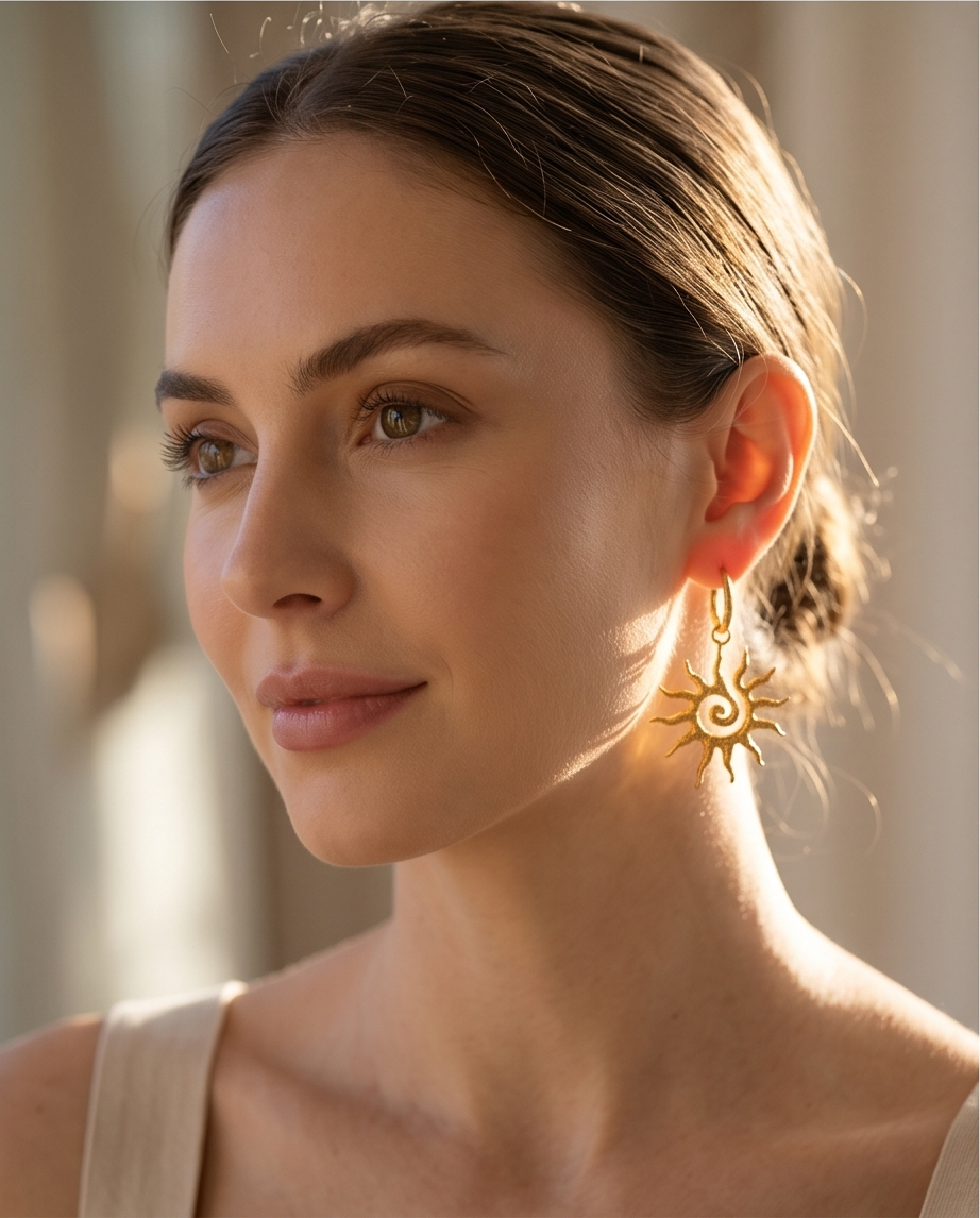 Woman wearing a gold sun-shaped earring with a blurred background. BISHOP X 