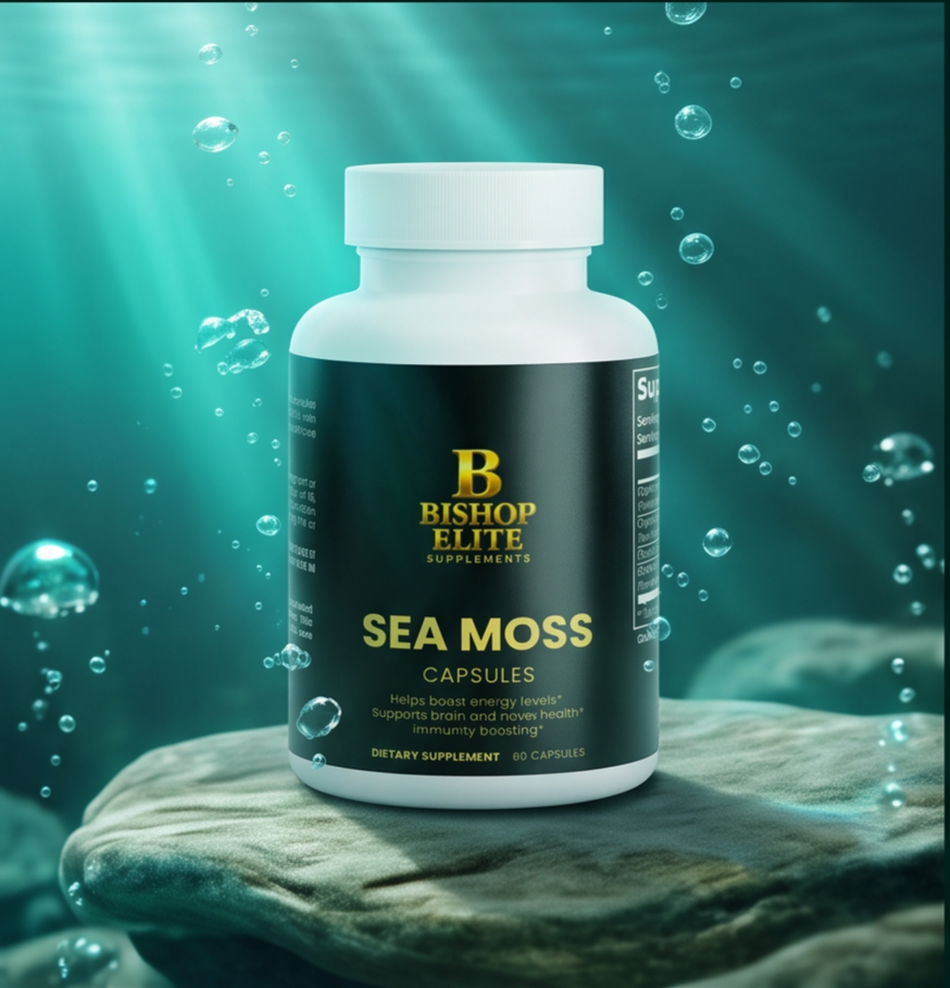A white plastic bottle of Bishop Elite Supplements Sea Moss Capsules, set on a wet stone with underwater bubbles and teal water rays in the background. Bishop Elite Supplements 