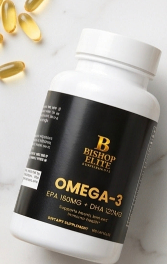 Omega-3 supplement bottle with capsules on a light background.  Bishop Elite Supplements 