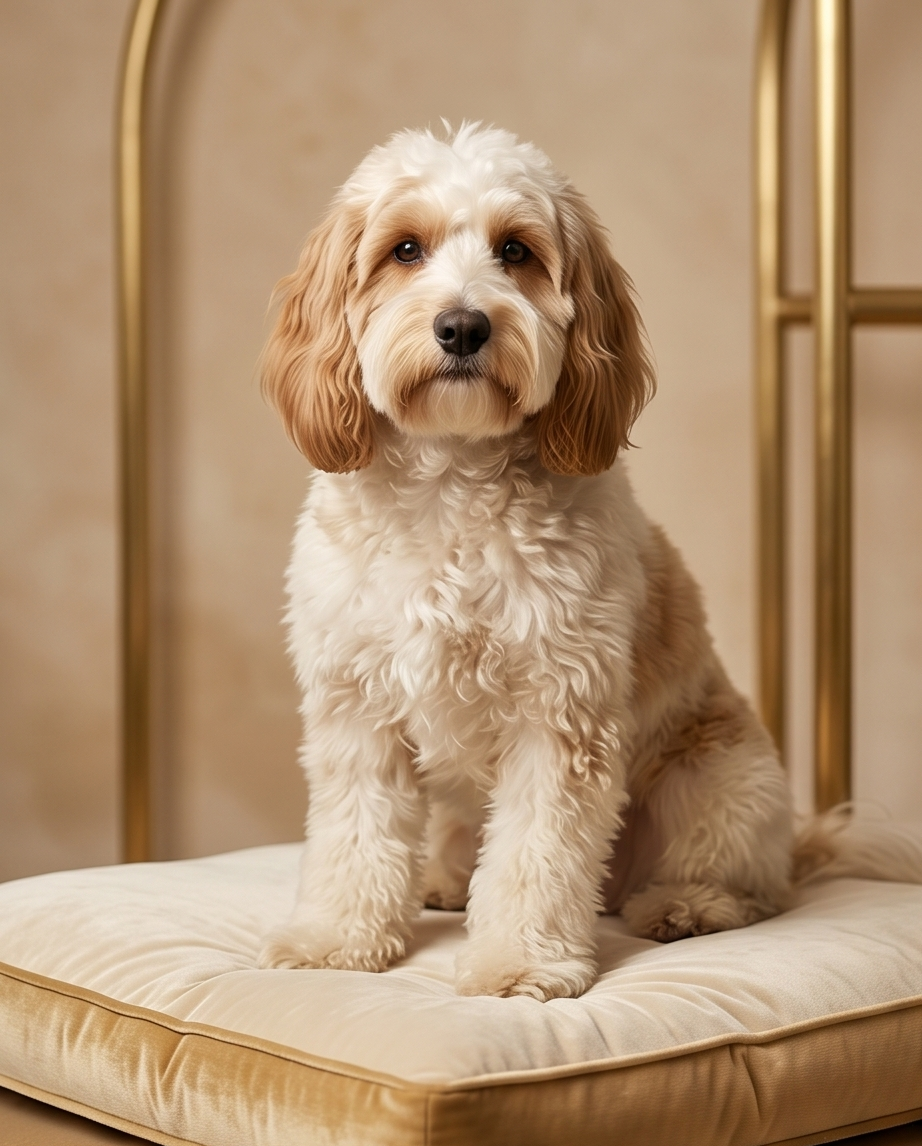 Fluffy dog sitting on a cushion in front of a gold-framed mirror. Bishop X 