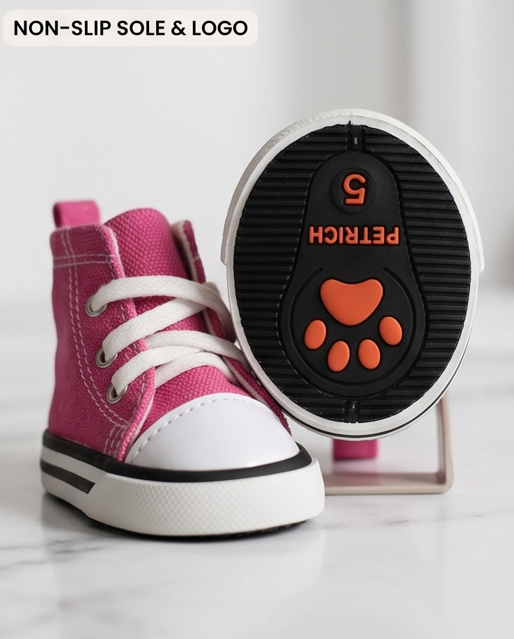 Pink and white shoe with a non-slip sole and logo on a light background. Bishop x 