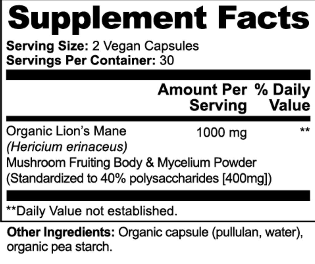 Supplement facts label for a product containing Organic Lion's Mane and Mushroom Fruiting Body & Mycelium Powder.