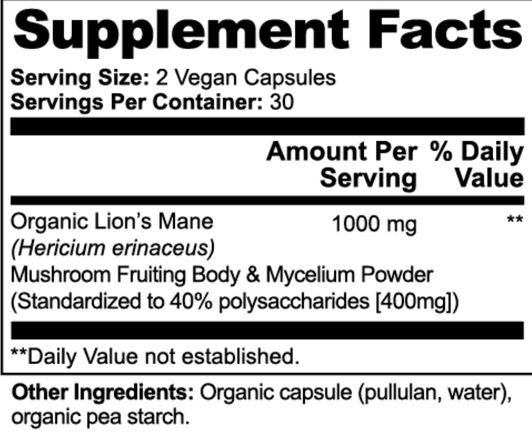 Supplement facts label for a product containing Organic Lion's Mane and Mushroom Fruiting Body & Mycelium Powder.